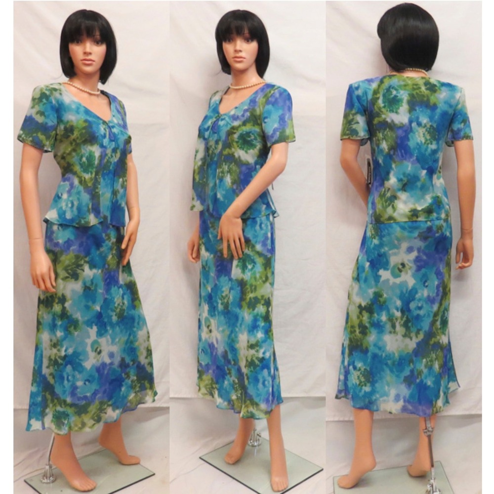 RM RICHARDS Billowy Purple Gray Green Blue Short Sleeve Maxi Dress 8 New